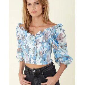 HALE BOB "Lucine" Shirred Off Shoulder Crop Top Floral Blue Women Large
